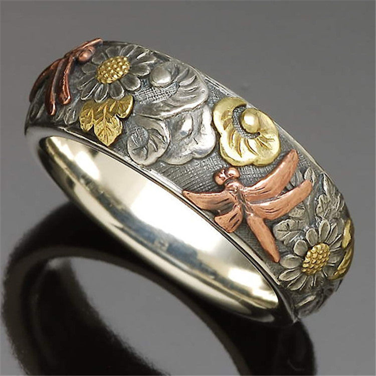 Unisex Vintage Carved Alloy Rings Insect Flower Dragonfly Sunflower Ring Electroplated Anniversary Gift Set Box