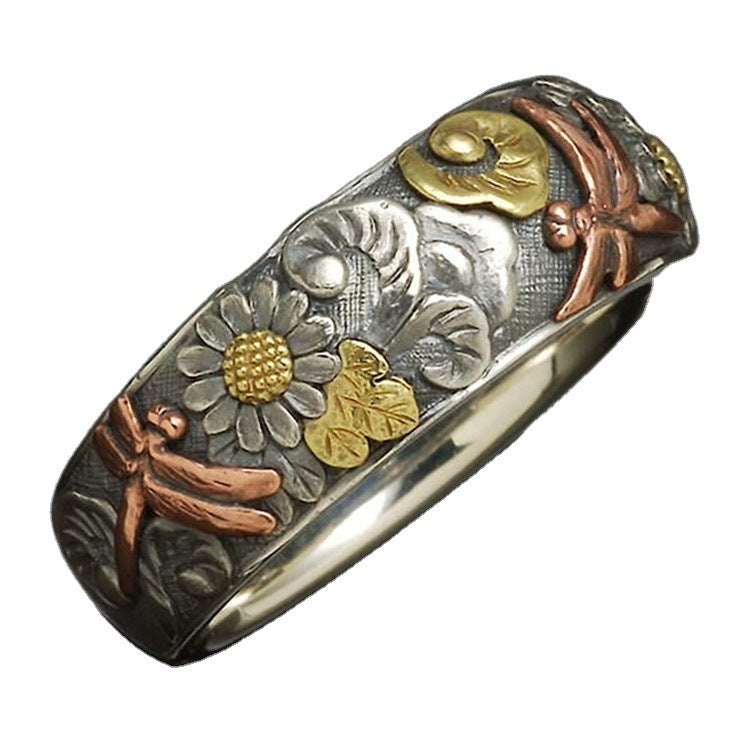 Unisex Vintage Carved Alloy Rings Insect Flower Dragonfly Sunflower Ring Electroplated Anniversary Gift Set Box