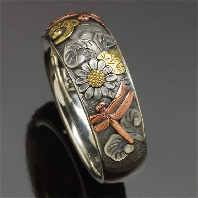 Unisex Vintage Carved Alloy Rings Insect Flower Dragonfly Sunflower Ring Electroplated Anniversary Gift Set Box
