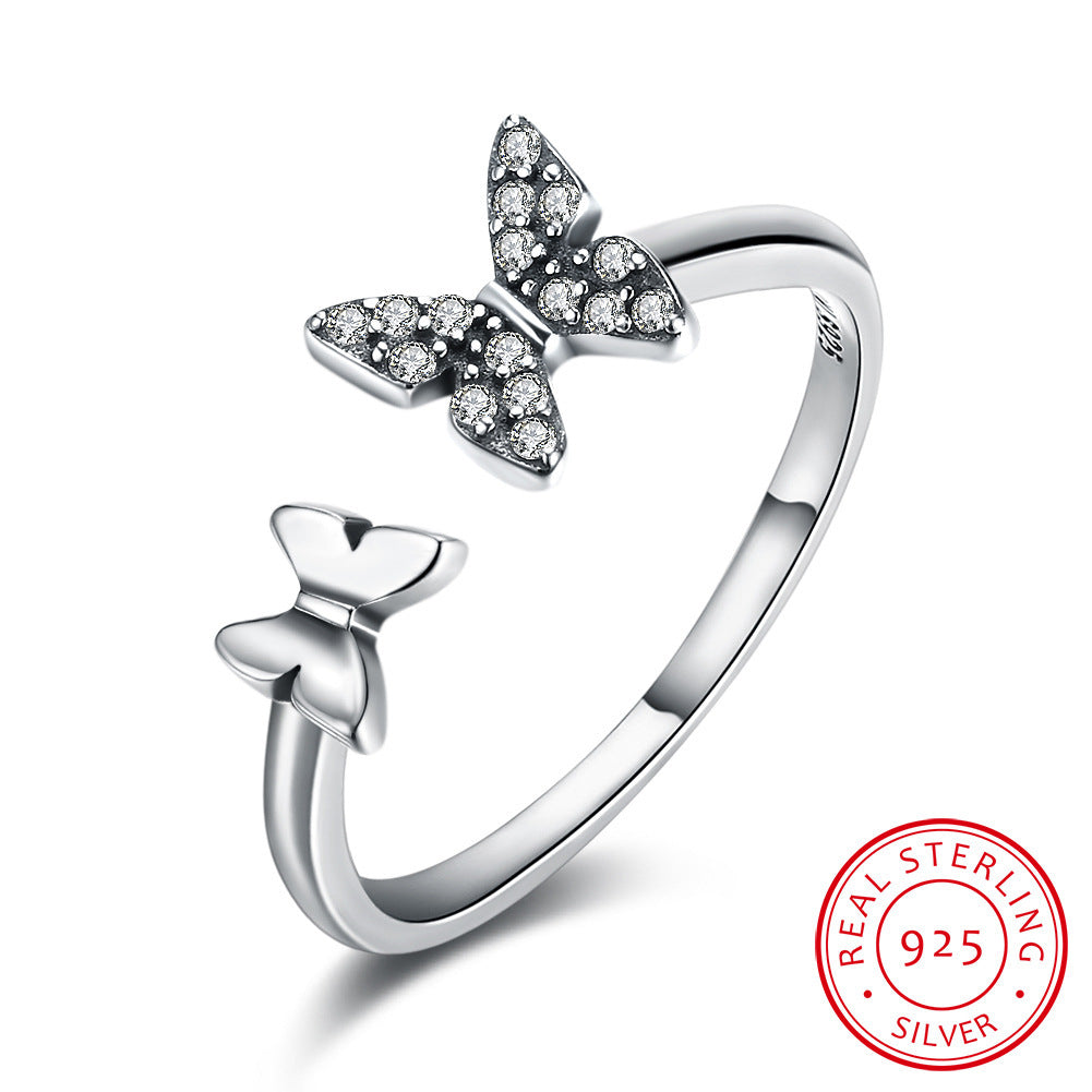 Womens Sterling Silver Butterfly Ring Bracelet Bowknot Zircon Inlays Adjustable European Style Elegant Jewelry