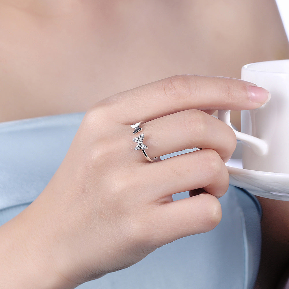 Womens Sterling Silver Butterfly Ring Bracelet Bowknot Zircon Inlays Adjustable European Style Elegant Jewelry