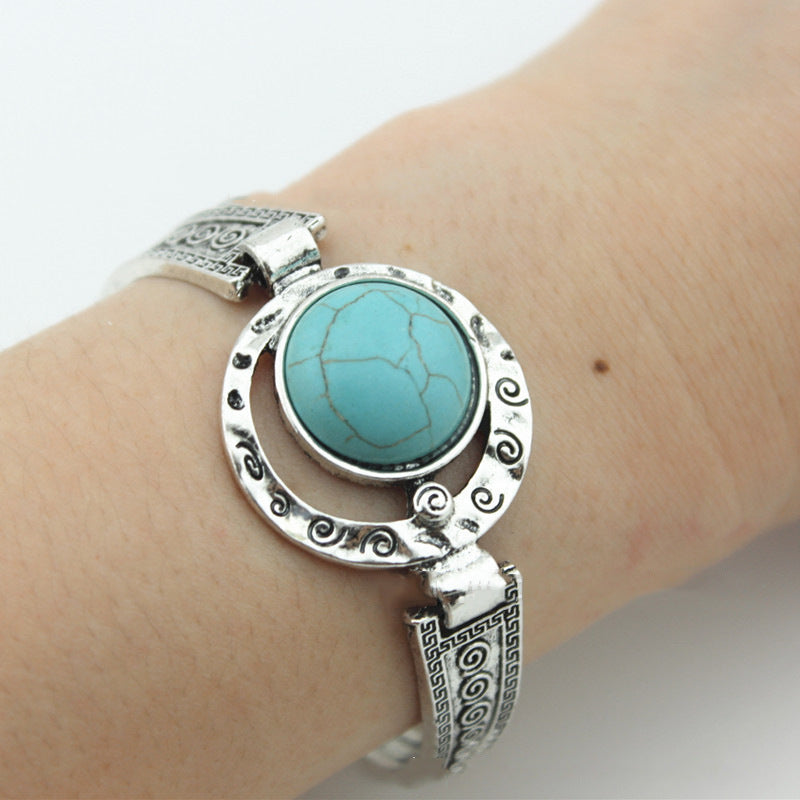 Womens Turquoise Vintage Alloy Bracelet Adjustable Metal Bohemian European Retro Design Jewelry Everyday Style