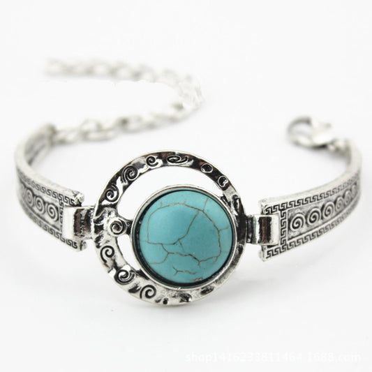 Womens Turquoise Vintage Alloy Bracelet Adjustable Metal Bohemian European Retro Design Jewelry Everyday Style