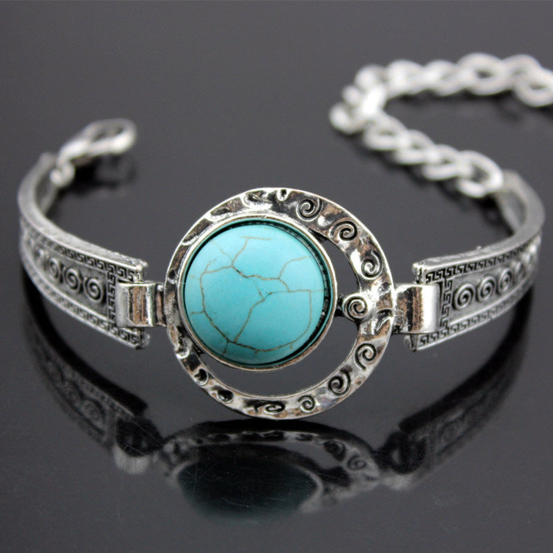 Womens Turquoise Vintage Alloy Bracelet Adjustable Metal Bohemian European Retro Design Jewelry Everyday Style