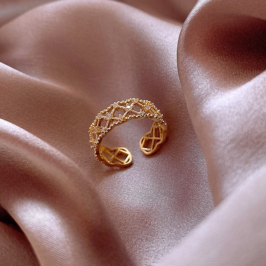 Womens Gold Plated Copper Ring Adjustable Opening With Artificial Gemstones Geometric Design Fashion Jewelry Elegant