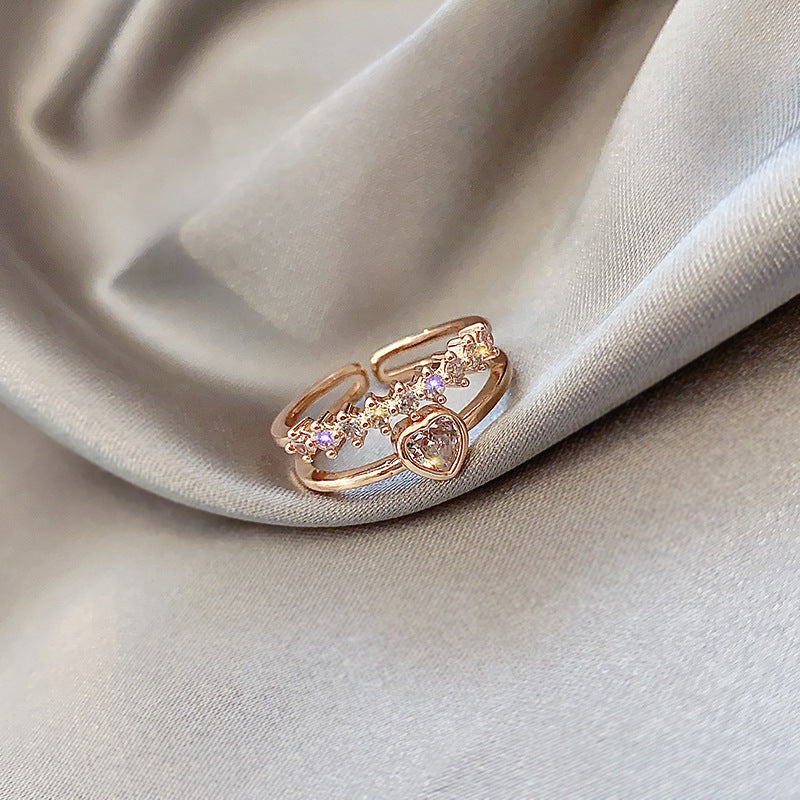 Womens Adjustable Rose Gold Plated Copper Double Heart Ring With Geometric Micro Inlaid Gems Geometric Design Style