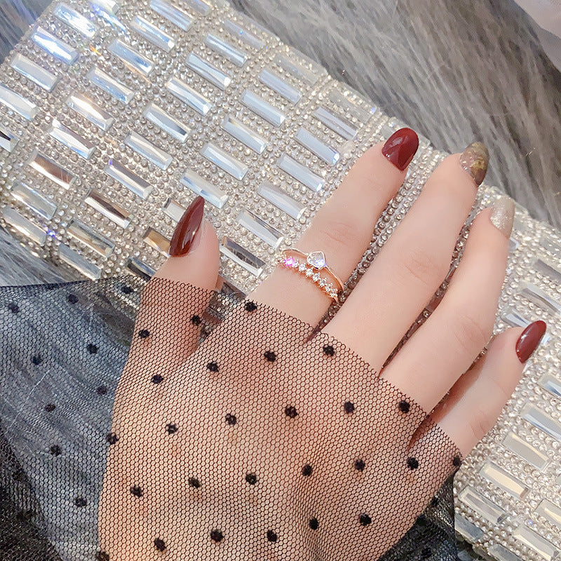 Womens Adjustable Rose Gold Plated Copper Double Heart Ring With Geometric Micro Inlaid Gems Geometric Design Style