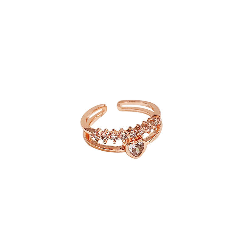 Womens Adjustable Rose Gold Plated Copper Double Heart Ring With Geometric Micro Inlaid Gems Geometric Design Style