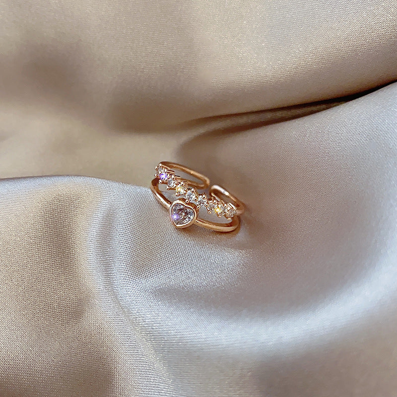 Womens Adjustable Rose Gold Plated Copper Double Heart Ring With Geometric Micro Inlaid Gems Geometric Design Style