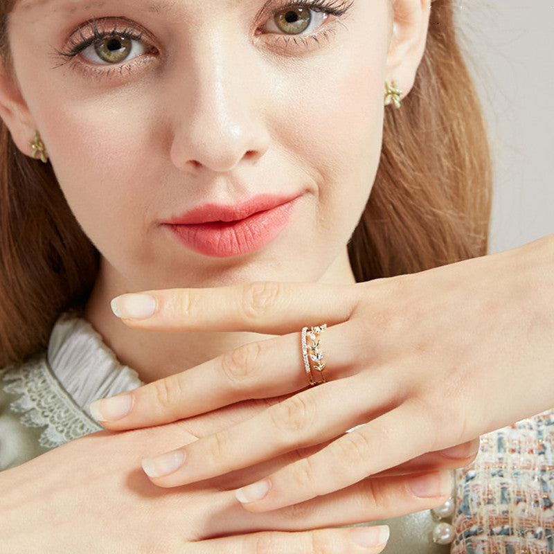 Womens Open Ring Gold Plated Artificial Gemstone Korean Style Fashion Jewelry Dainty Versatile Accessory Trends