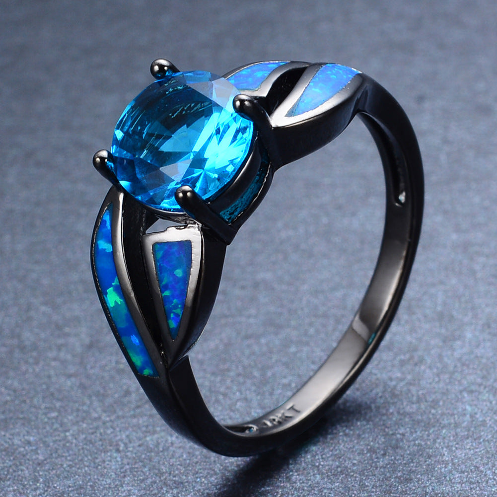 Unisex Black Gold Ring with Opal Inlay Aqua Blue Round Zircon Diamond Gem Ring Birthday Gift Electroplated Copper Ring Artificial Gem Stone Ring