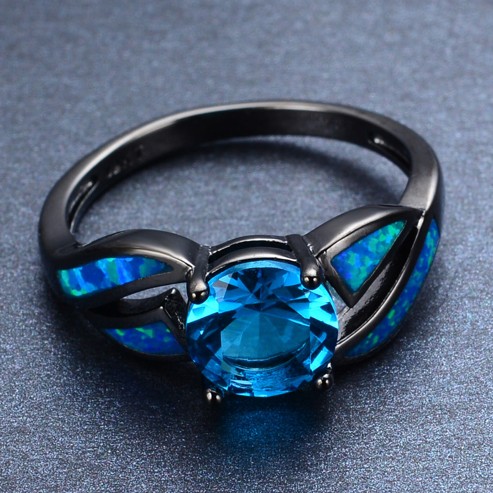 Unisex Black Gold Ring with Opal Inlay Aqua Blue Round Zircon Diamond Gem Ring Birthday Gift Electroplated Copper Ring Artificial Gem Stone Ring