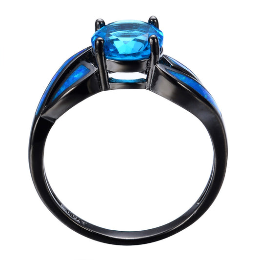 Unisex Black Gold Ring with Opal Inlay Aqua Blue Round Zircon Diamond Gem Ring Birthday Gift Electroplated Copper Ring Artificial Gem Stone Ring