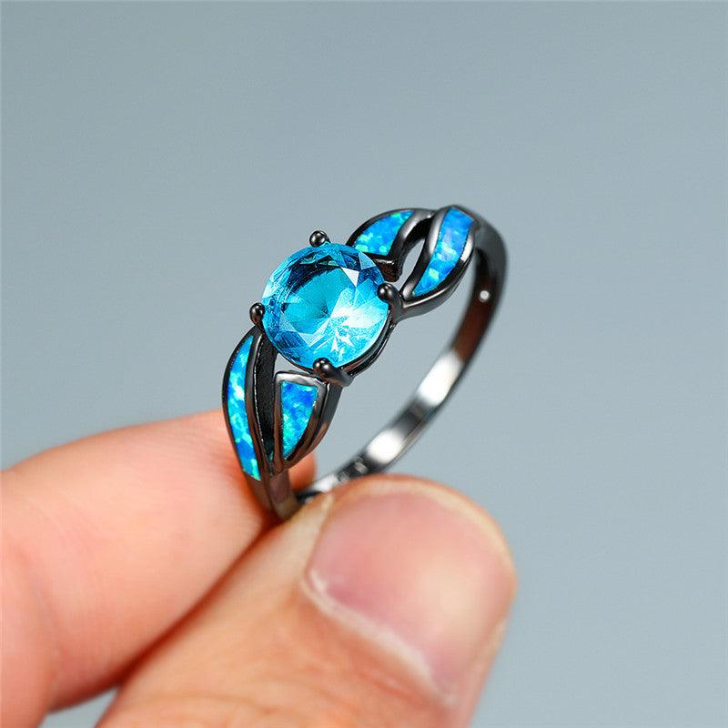Unisex Black Gold Ring with Opal Inlay Aqua Blue Round Zircon Diamond Gem Ring Birthday Gift Electroplated Copper Ring Artificial Gem Stone Ring