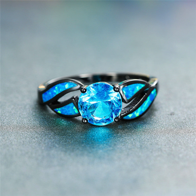 Unisex Black Gold Ring with Opal Inlay Aqua Blue Round Zircon Diamond Gem Ring Birthday Gift Electroplated Copper Ring Artificial Gem Stone Ring
