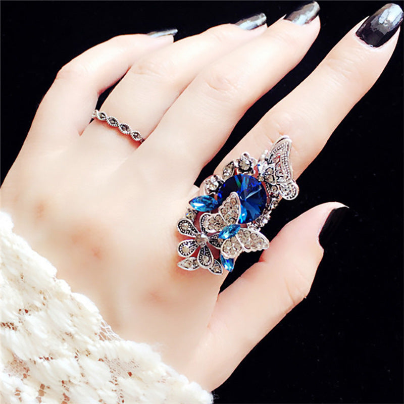 Crystal Butterfly Ring Set Geometric Alloy Rings Artificial Gemstones Electroplated Finish Purple Blue Fine Gems