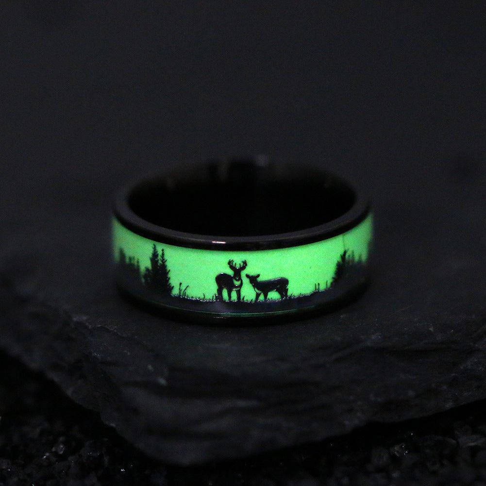Unisex Luminous Glow In Dark Ring Titanium Steel Elk Deer Design Christmas Gift Durable American Jewelry Shine