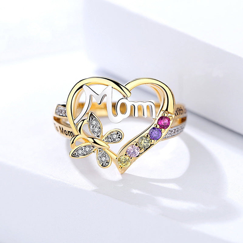 Gold Ring For Women With Rhinestone Butterfly And Heart Design Alloy Jewelry Gift For Mothers Day Elegant Look