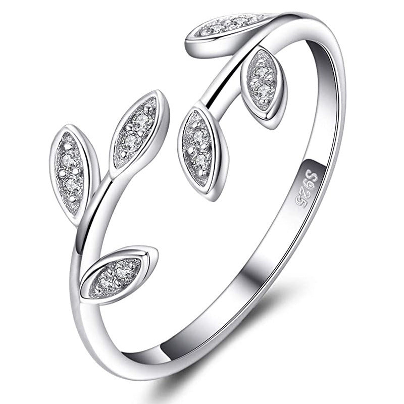 Womens Sterling Silver Leaf Ring Adjustable S925 European Leaf Shaped Ring Electroplated Gift For Women Stylish