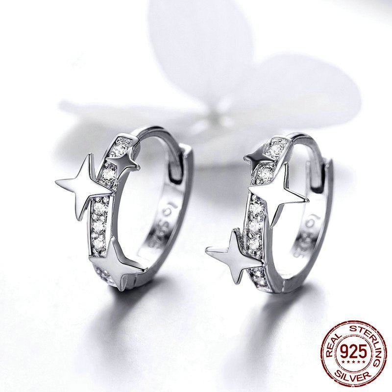 Sterling Silver Star Earrings For Women European American Style Platinum Plated Zircon 925 Silver Packaged Now