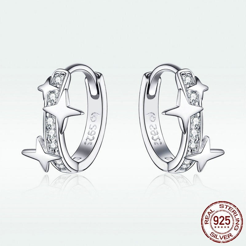 Sterling Silver Star Earrings For Women European American Style Platinum Plated Zircon 925 Silver Packaged Now