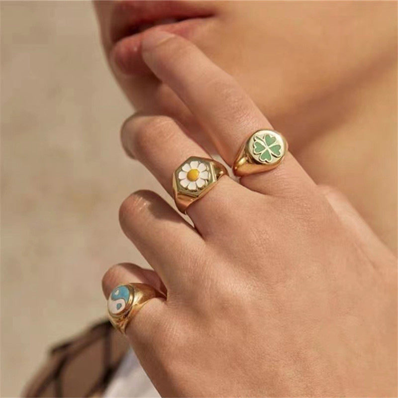 Womens Four Leaf Clover Ring Alloy Geometric Fashion Jewelry Durable Gift For Birthday Trendy Accessory Plated