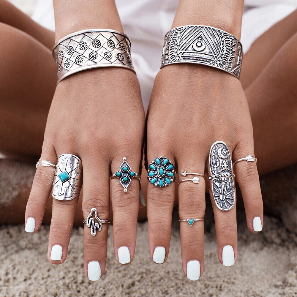 Womens Vintage Carved Geometric Totem Ring Set Turquoise Silver Tone European Style Nine Piece Wide Band Rings