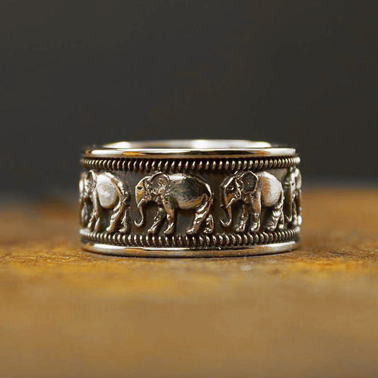 Unisex Elephant Ring Vintage Animal Zodiac Electroplated Alloy White Gold Finish Jewelry For Men Women Everyday Wear