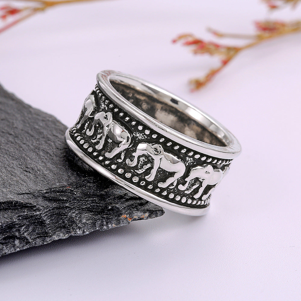 Unisex Elephant Ring Vintage Animal Zodiac Electroplated Alloy White Gold Finish Jewelry For Men Women Everyday Wear