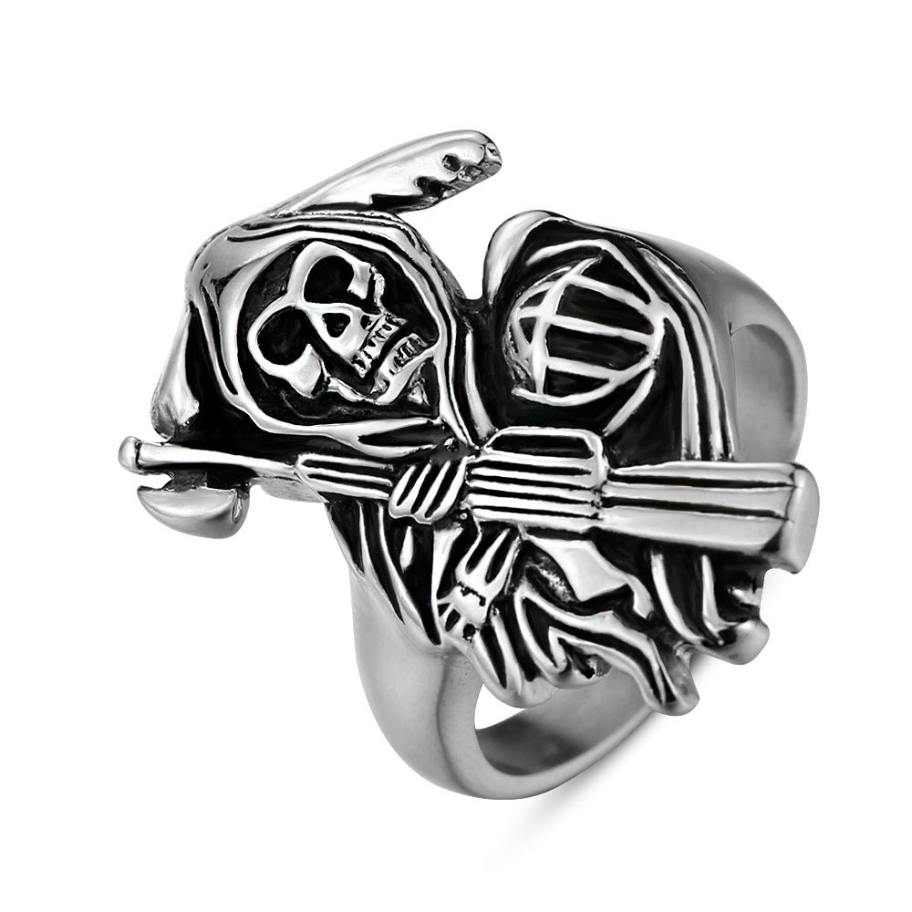 Men's Titanium Steel Skull Ring Polished Sickle Biker Ring Punk Rock Gothic Ring Statement Fashion Jewelry Ring for Men