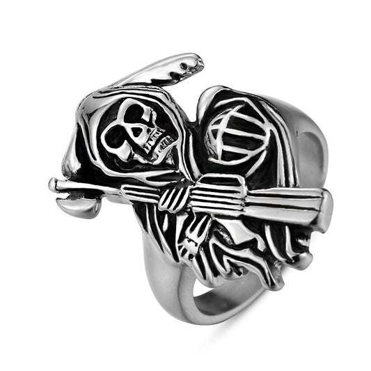 Men's Titanium Steel Skull Ring Polished Sickle Biker Ring Punk Rock Gothic Ring Statement Fashion Jewelry Ring for Men