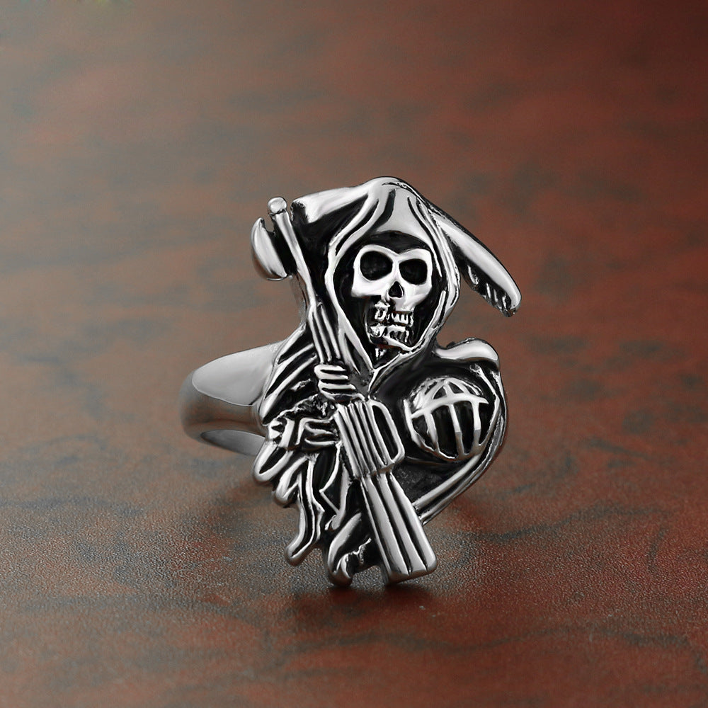 Men's Titanium Steel Skull Ring Polished Sickle Biker Ring Punk Rock Gothic Ring Statement Fashion Jewelry Ring for Men