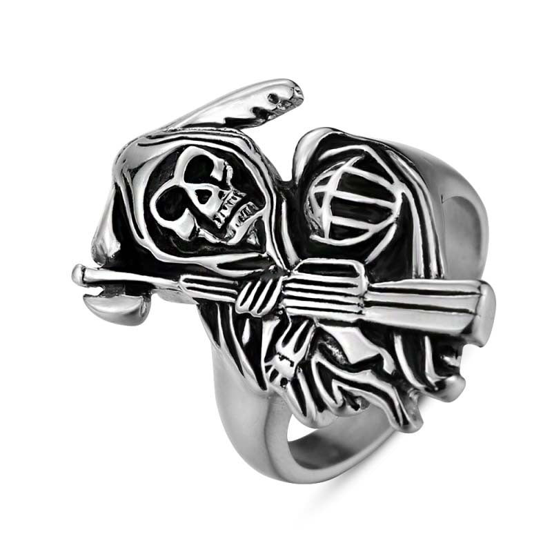 Men's Titanium Steel Skull Ring Polished Sickle Biker Ring Punk Rock Gothic Ring Statement Fashion Jewelry Ring for Men