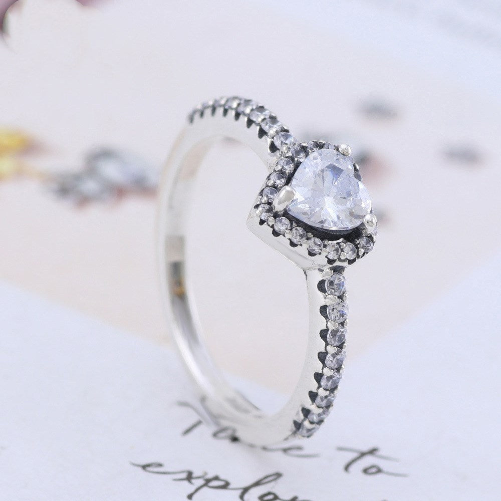 Sterling Silver Heart Ring For Women With Zircon Inlaid Heart Shape European American Jewelry Gift Sizes 50mm 52mm 54mm