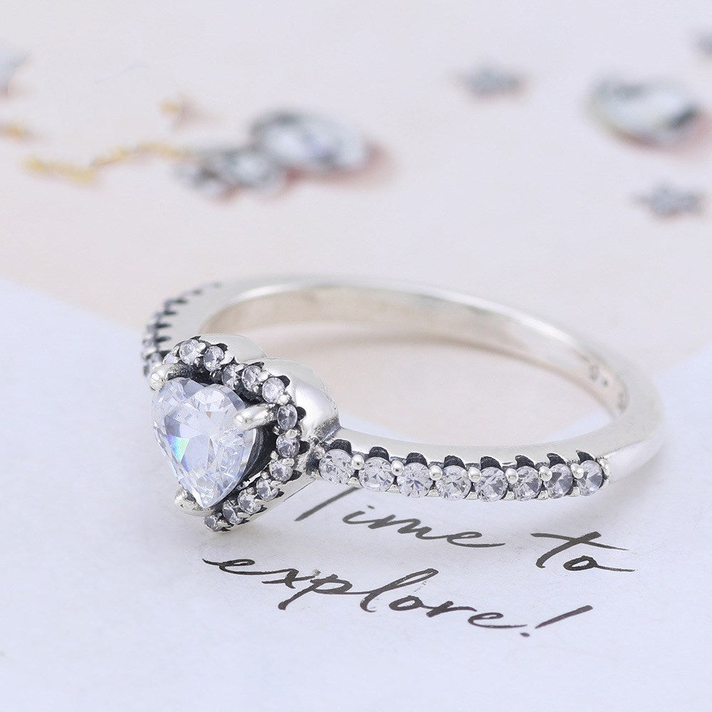 Sterling Silver Heart Ring For Women With Zircon Inlaid Heart Shape European American Jewelry Gift Sizes 50mm 52mm 54mm