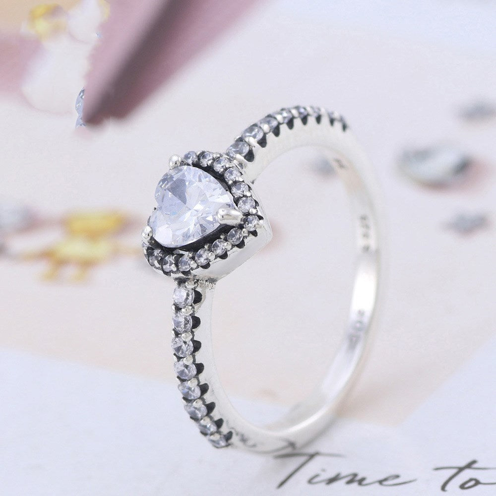 Sterling Silver Heart Ring For Women With Zircon Inlaid Heart Shape European American Jewelry Gift Sizes 50mm 52mm 54mm