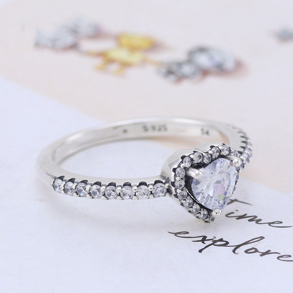 Sterling Silver Heart Ring For Women With Zircon Inlaid Heart Shape European American Jewelry Gift Sizes 50mm 52mm 54mm