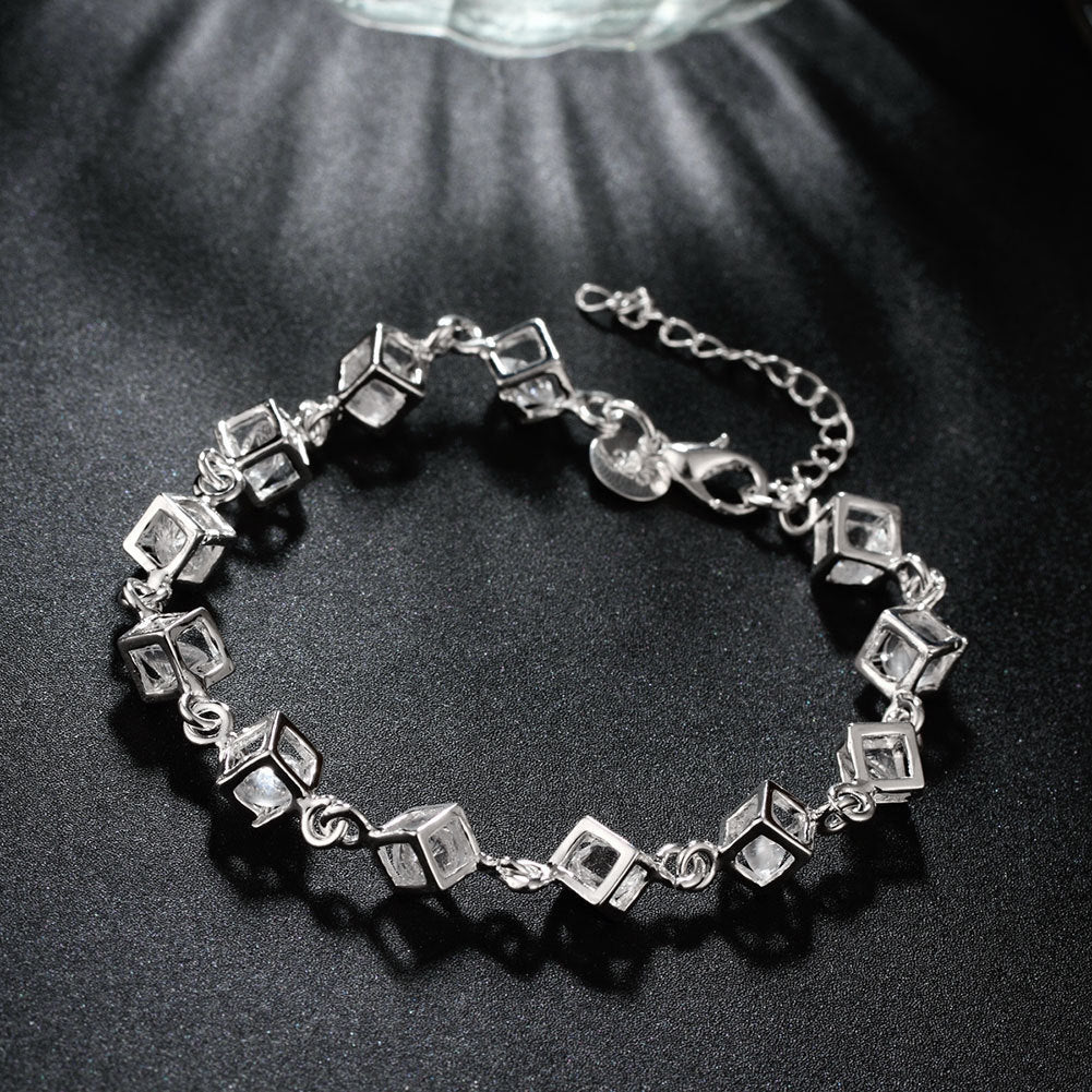 Womens Electroplated Silver Copper Bracelet With Checkered Zircon White Stones European Style Gleaming Gift Now