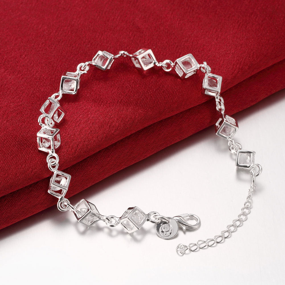 Womens Electroplated Silver Copper Bracelet With Checkered Zircon White Stones European Style Gleaming Gift Now