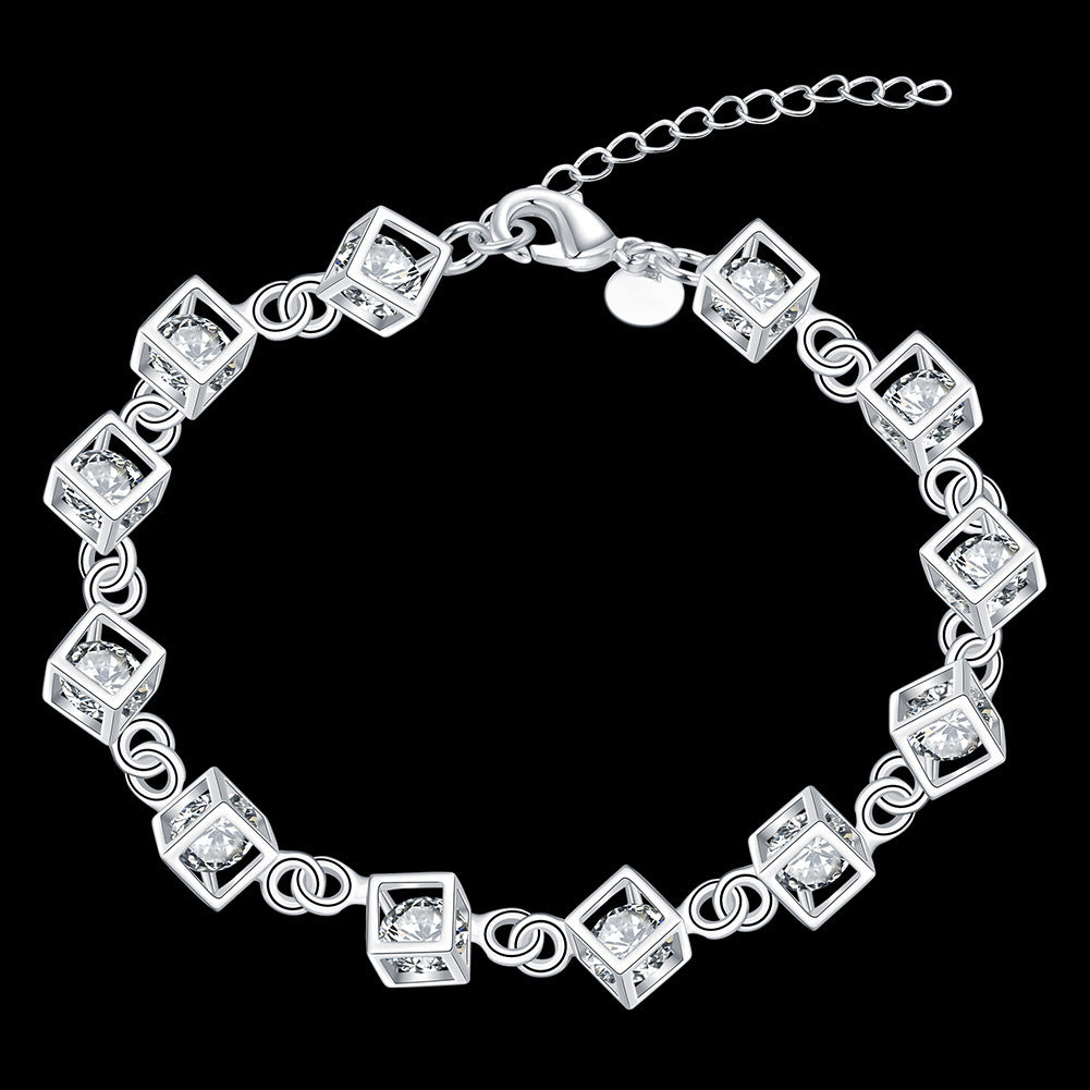 Womens Electroplated Silver Copper Bracelet With Checkered Zircon White Stones European Style Gleaming Gift Now