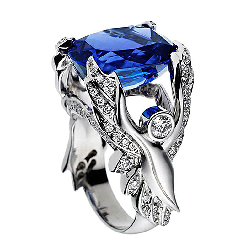 Unisex Ring Wings Design Sapphire Zircon Inlaid White Gold Plated Geometric Fashion Jewelry Gift Elegant Style