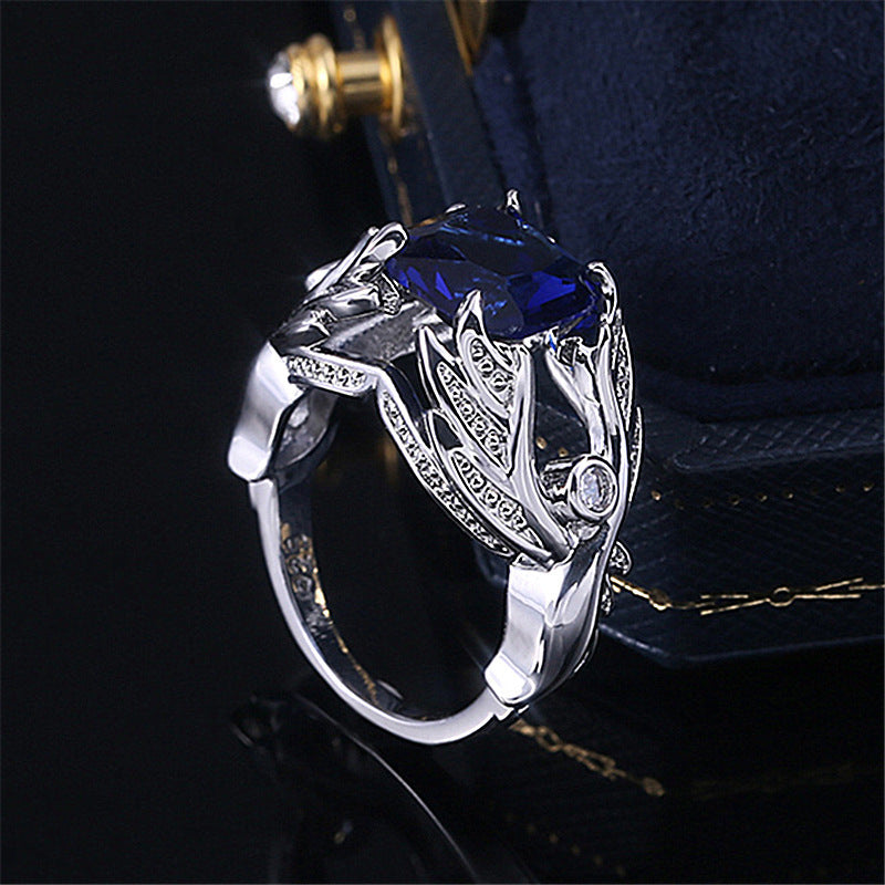 Unisex Ring Wings Design Sapphire Zircon Inlaid White Gold Plated Geometric Fashion Jewelry Gift Elegant Style