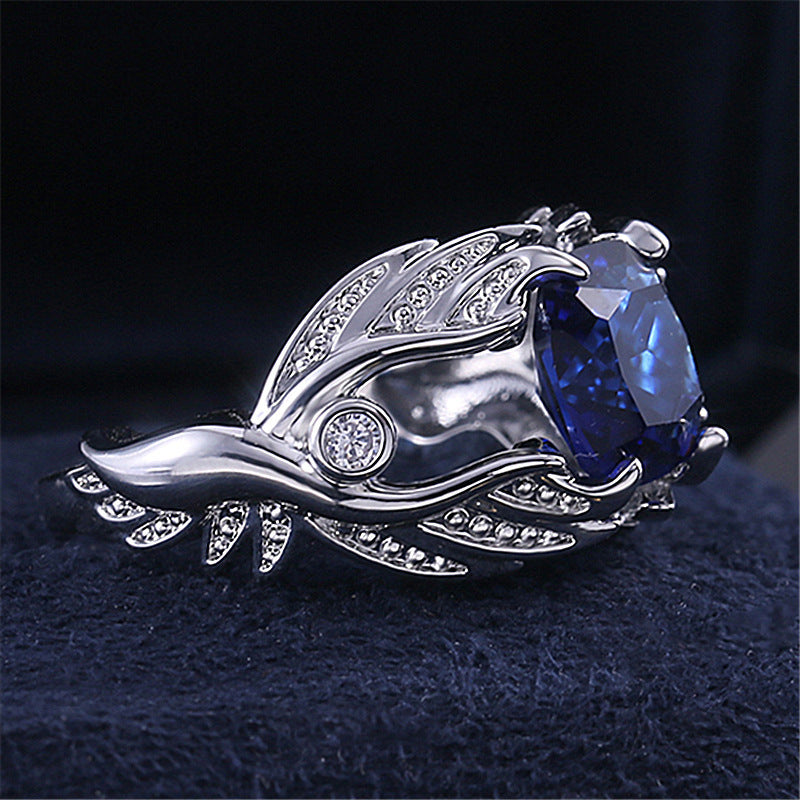 Unisex Ring Wings Design Sapphire Zircon Inlaid White Gold Plated Geometric Fashion Jewelry Gift Elegant Style