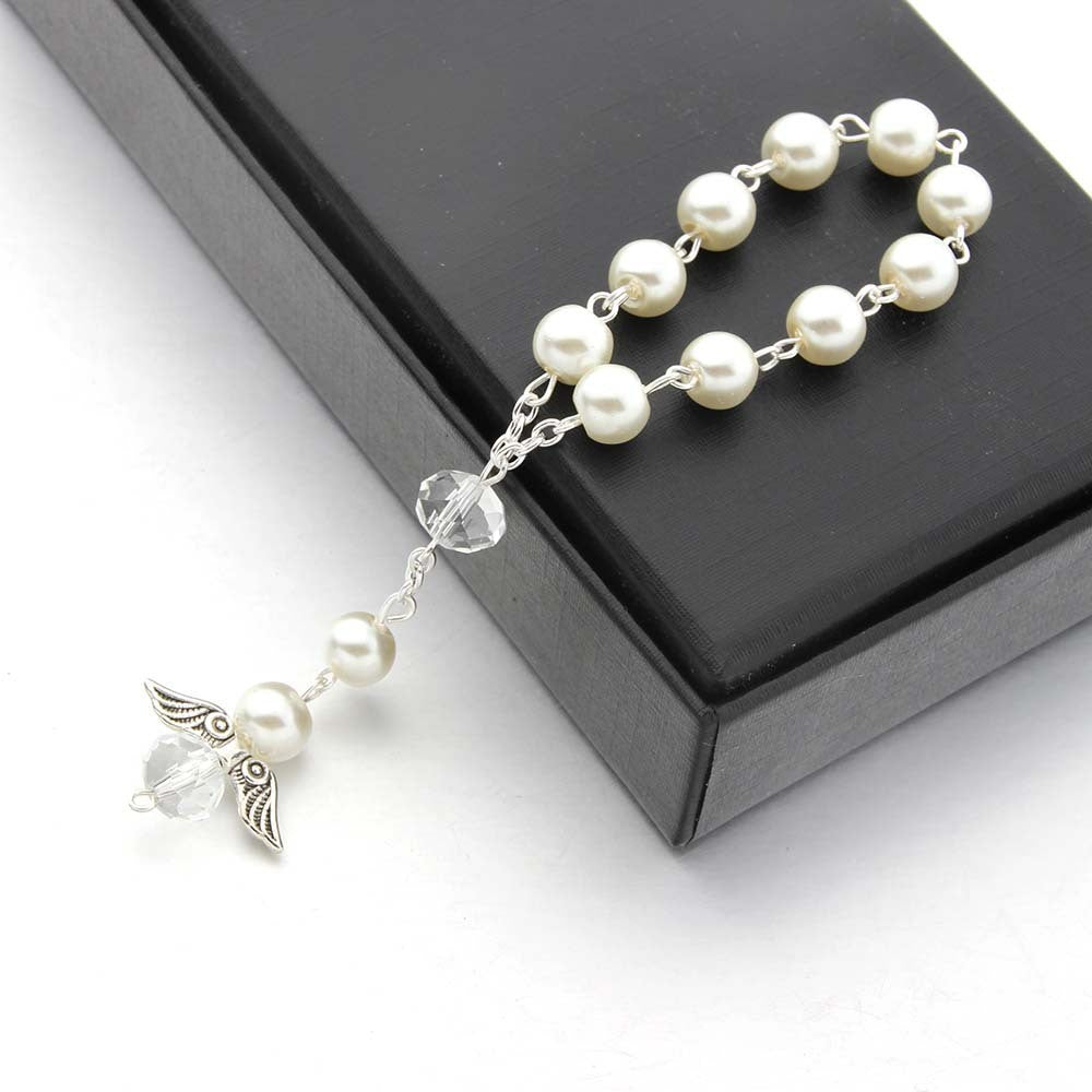 Unisex Finger Rosary Bracelet Angel Wing Charm Glass Pearl Beads Religious Gift Baptism Favor Rosary Religious Gift
