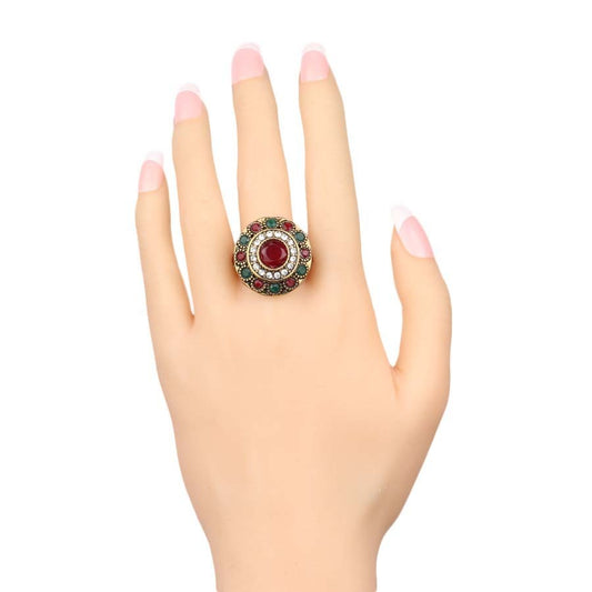 Vintage Flower Ring Gold Plated Silver Geometric Rhinestone Band Alloy Metal Diamond Red Inlay Gems Luxe Shine
