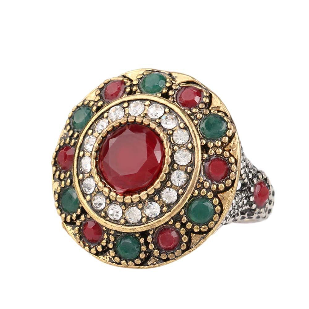 Vintage Flower Ring Gold Plated Silver Geometric Rhinestone Band Alloy Metal Diamond Red Inlay Gems Luxe Shine