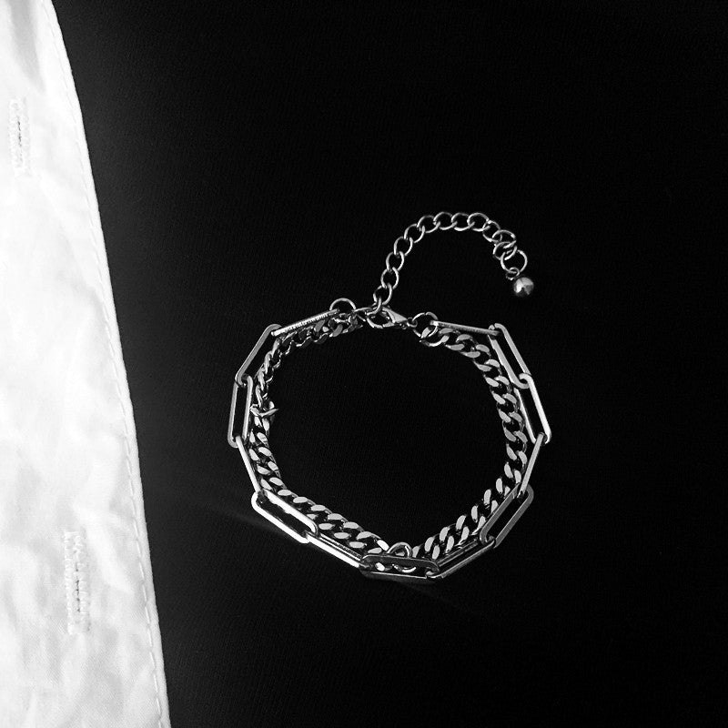 Unisex Titanium Steel Bracelet Double Layer Chain Hip Hop Jewelry Silver Stitching Design Durable Simple Style Material