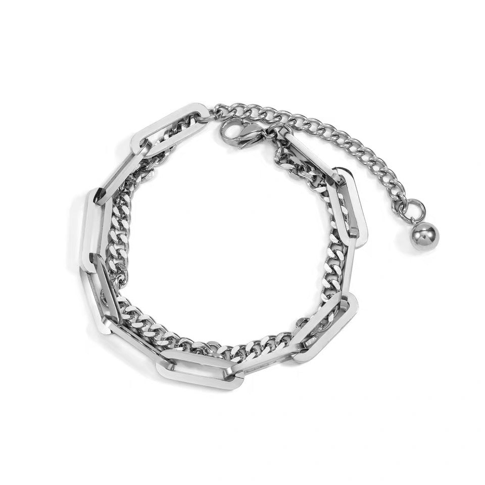 Unisex Titanium Steel Bracelet Double Layer Chain Hip Hop Jewelry Silver Stitching Design Durable Simple Style Material