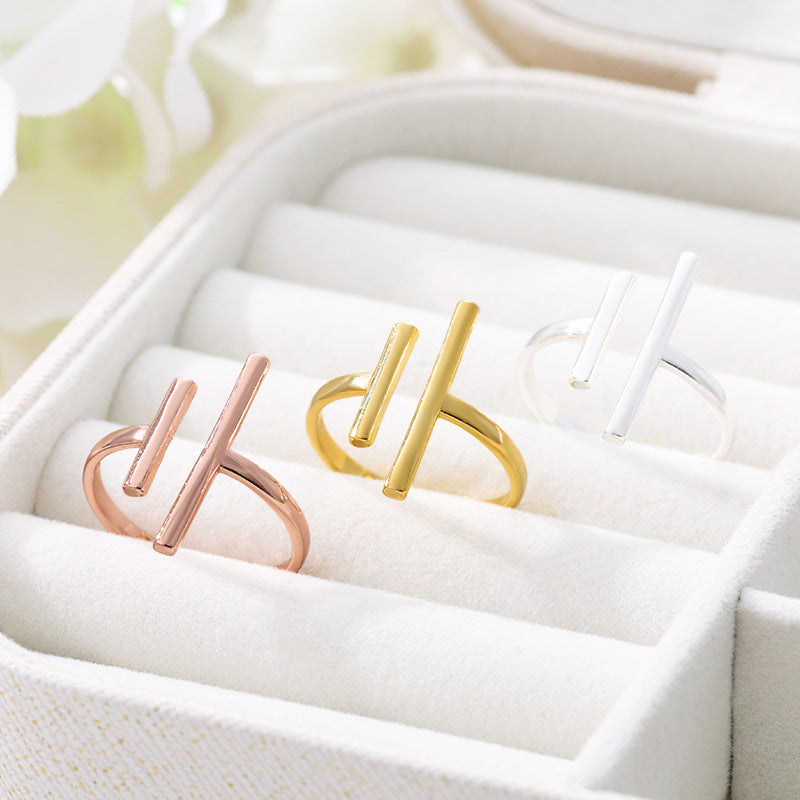 Womens Adjustable Stainless Steel Ring Open Band Geometric Parallel Bars Korean Style Jewelry Gift Everyday Wear