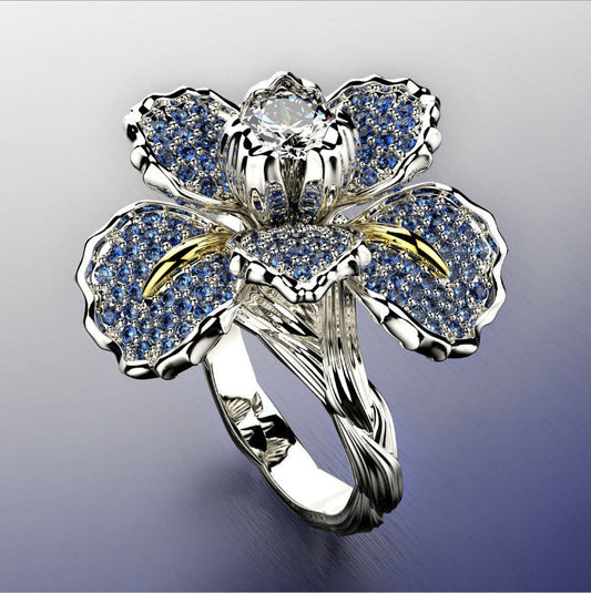 Womens Geometrical Alloy Cocktail Ring With Blue Topaz Flower Design Individually Packed Birthday Gift For Her